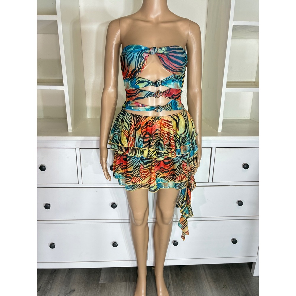 Outcast Lily Mini Dress Women Medium Multicolor Zebra Print Strapless Cutout